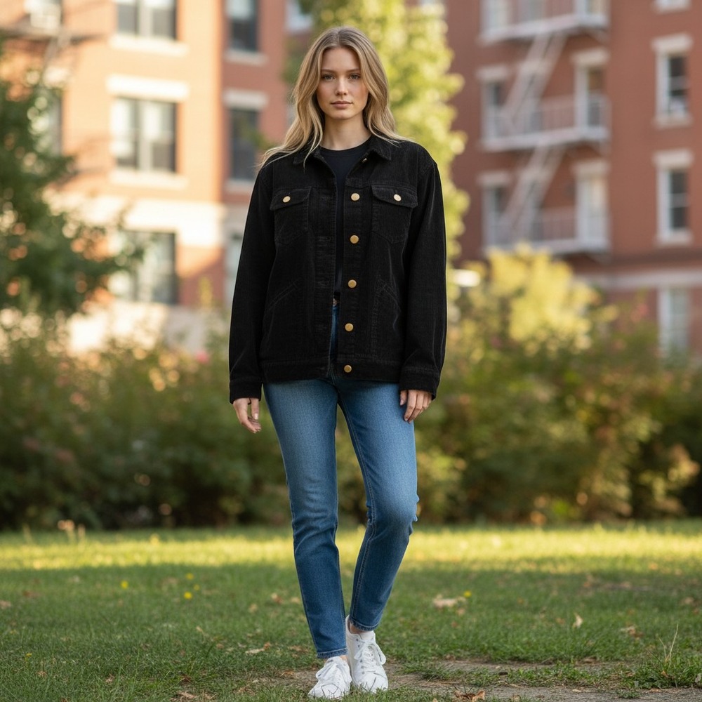 Vintage North Crest Corduroy Jacketβ Womens L Black Gold Button Trucker Coat